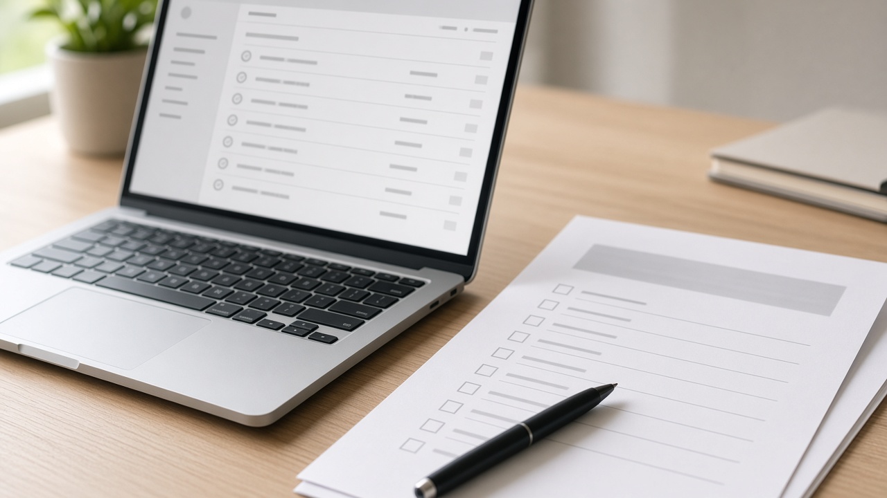 Laptop and checklist on a clean desk